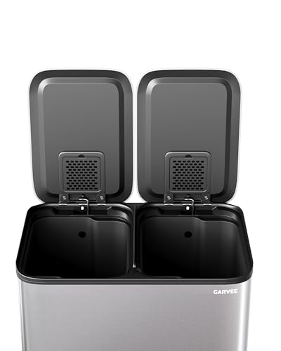 2 x 4 gal Stainless Steel Double Trash Can with Lid for Kitchen (Silver / 2 x 4 gallon)