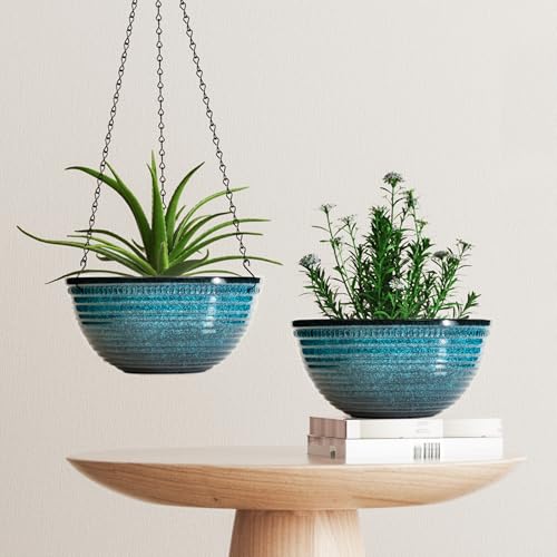 12 Inch Glazed Hanging Planters for Indoor Outdoor Plants (2 Count)