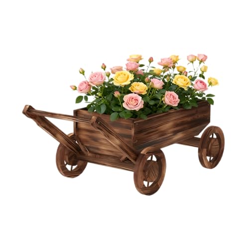 Wooden Flower Cart with Wheels Wooden Wagon Planter Outdoor Garden Planter Decor Planter for Patio Balcony Trolley Decoration Succulent Flower Pot