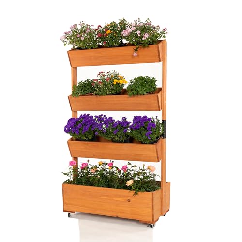 4 Tier Wooden Vertical Raised Garden Bed Outdoor with Wheels (Brown / W33.5× D18× H55in)