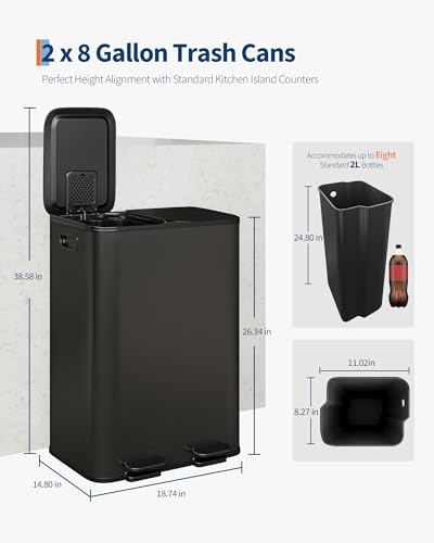 2 x 8 gal Stainless Steel Double Trash Can with Lid for Kitchen (Matte Black / 2 x 8 gallon)