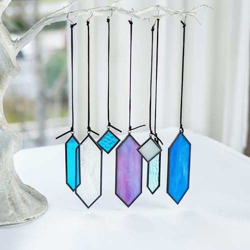 7pcs Stained Glass Window Hanging Suncatchers Modern Blue Wall Art Ornament (Blue Purple-7pcs)