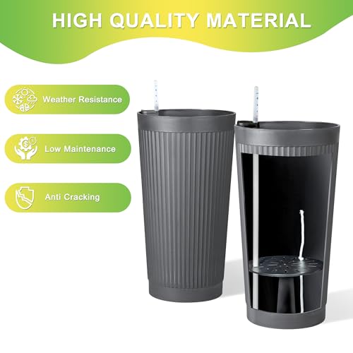 Set of 2 Large Round Tall Planter for Indoor or Outdoor 24" Flower Pots for Porch (Round Ribbed Gray / 24")