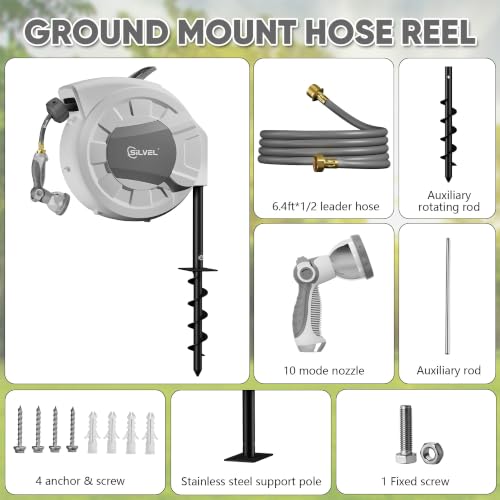 Automatic Retractable Garden Hose Reel on Metal Spike (Light Grey / 5/8"×65FT)