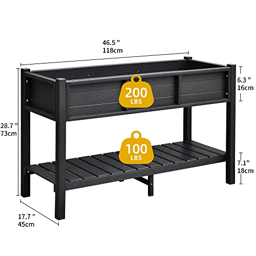 Raised Planter Box with Legs 48x18x30in Raised Garden Bed HDPE Poly Wood Weather (Black / 48x18x30in w/shelf)
