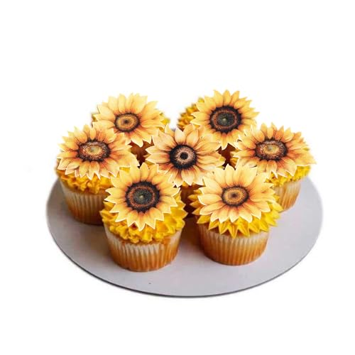 60 PCS Edible Sunflower Cupcake Toppers Wafer Paper Flowers Cake Decorations Edible Sunflower Party Decorations for Baby Shower Sunflowers Birthday Party Cake Toppers Food Decorations Supplies (60 Count)