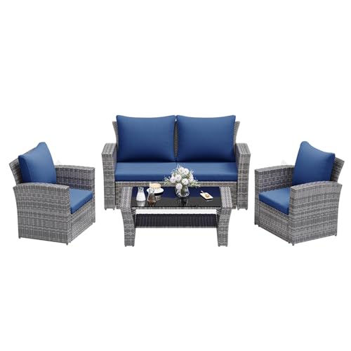 4 Piece Outdoor Wicker Patio Furniture Set for All Weather (Dark Blue / 4)