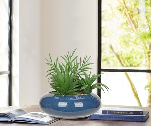 Large Artificial Succulents Plants with Blue Vase Faux Succulents Fake Succulent Potted Plant in Ceramic Pot for Home Decor Office Desk Bathroom Living Room Indoor & Outdoor Decorations