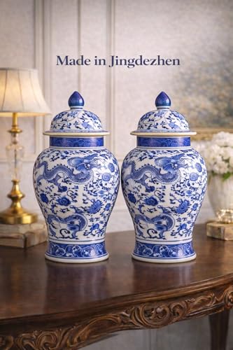 20" Blue and White Dragon Porcelain Ginger Jar with Lid