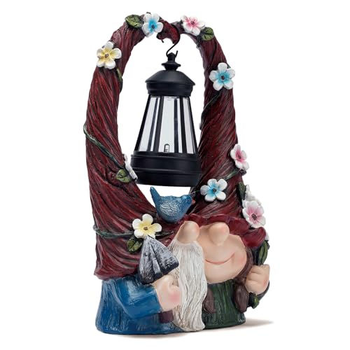 Outdoor Garden Couple Gnome Statue with Hanging Lantern