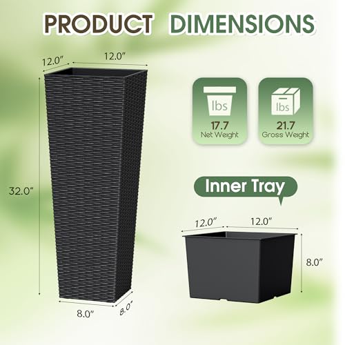 32 Inch Tall Plastic Planters with Rattan Texture (32" without Tray / Black)