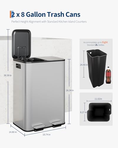 2 x 8 gal Stainless Steel Double Trash Can with Lid for Kitchen