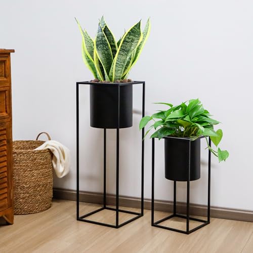 Set of 2 Planters with Stand Large Metal Planter for Indoor Plants 28 &18" H Plant Pots for Living Room Corner Kitchen Office Garden Balcony Patio Decor (2 Count)