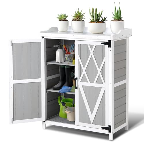 Outdoor Cabinet with Metal Tabletop Garden Potting Bench Table