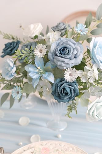 Blue Artificial Flowers Silk Fake Roses Peonies Greenery Combo Box Set for DIY Wedding Bouquets Bridal Shower Centerpieces Floral Arrangements Party Tables Home Decoration (20 Count)