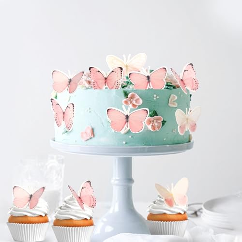 60 PCS Butterfly Cupcake Toppers Edible Butterfly Cake Decorations Edible Butterflies Cupcake Picks for Butterflies Theme Baby Shower Happy Birthday Party Cake Decoration Supllies Pink (60 Count)