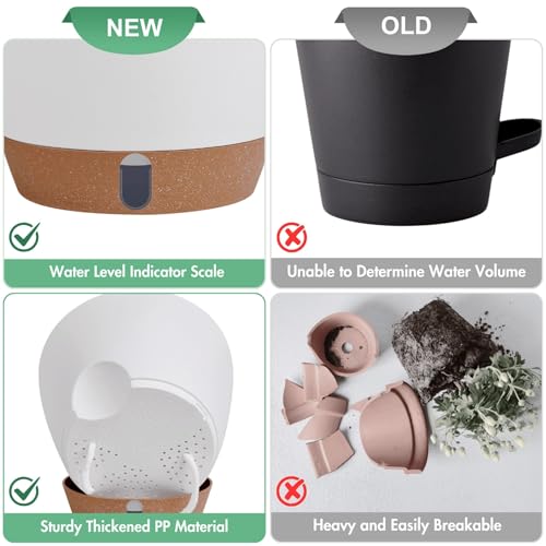 5-Pack 10/9/8/7/6.5Inch Self Watering Pots for Inoor Plants Plastic Planter (White / 6.5/7/8/9/10 Inch)