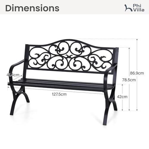 50 Inches Cast Iron Steel Frame Outdoor Garden Bench (Black)