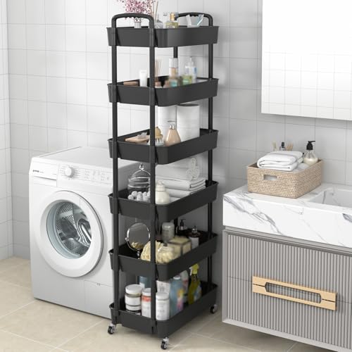 6 Tier Plastic Rolling Utility Cart with Wheels for Storage