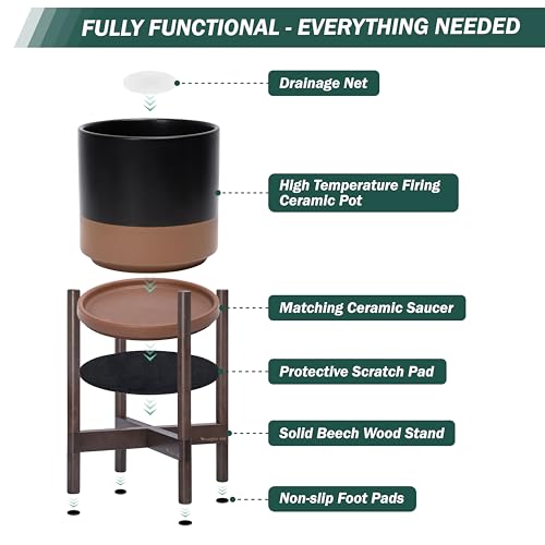 Ceramic Pot with Walnut Wood Stand (14 Inch / Black/Speckled Tan Pot + Walnut Color Stand)