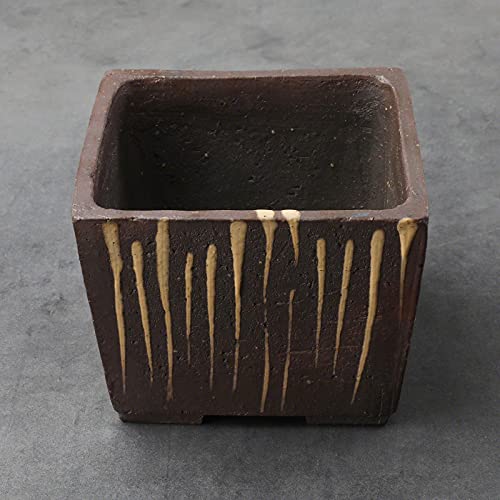Tokoname Series Small Handmade Striped Square Bonsai Pot with Drainage Hole 4.1in