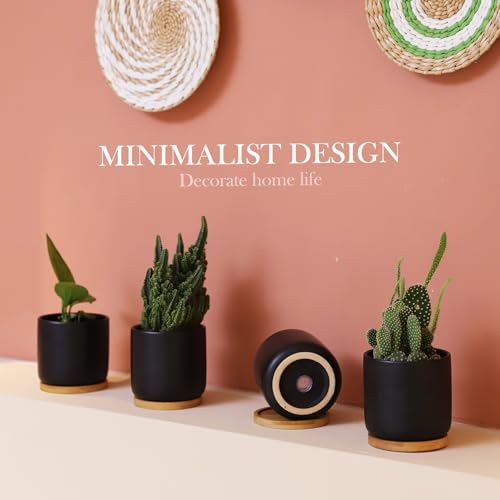4 Inch Ceramic Black Plant Pots with Saucer and Drainage Hole (4 Count)