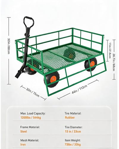 Heavy Duty Steel Garden Cart 1200 LBS Capacity 3 in 1 Pullable Garden Wagon with 13 in Wheels for Gardening Soil (Green and Orange / 1200 lbs)