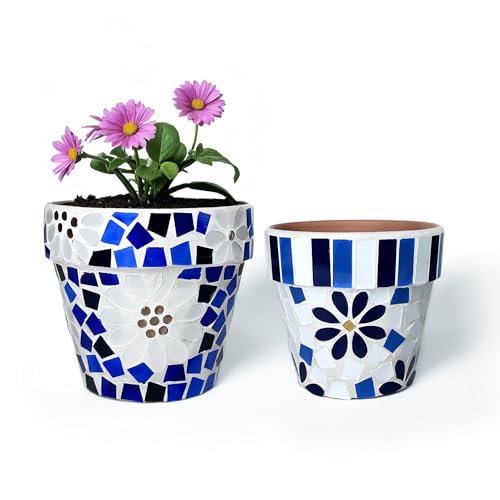 Set of 2 Flowerpots with Mosaic Pattern. Decorative Plant Pots with Drainage Holes for Indoor Outdoor (2 Count)