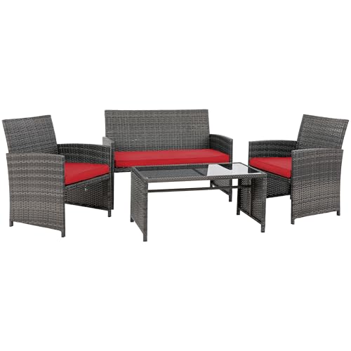 4 Piece Patio Ratten Set Outdoor Furniture Set Wicker Conversation Set with Cushions and Tempered Glass Tabletop (Red)