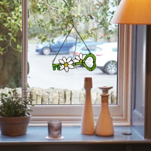 Flower Stained Glass Suncatcher for Window Hanging (White, Green)