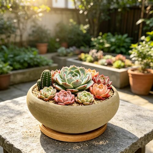 8 inch Round Unglazed Ceramic Bonsai Pot with Bamboo Tray