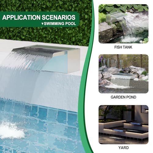Waterfall Pool Fountain LONGRUNNEW 304 Stainless Steel 23.6" Rectangular Waterfall Spillway