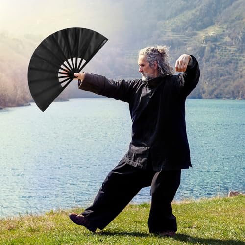2 Packs Large Folding Hand Fans (Black and Yellow)