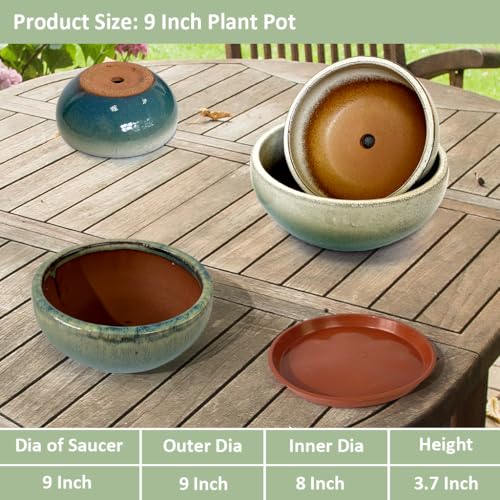9 Inch Glazed Terracotta Plant Pot Round Ceramic Succulent Planter Pot with Drainage and Mesh Pad Cactus Clay Bonsai Pot (Green / 9 Inch)
