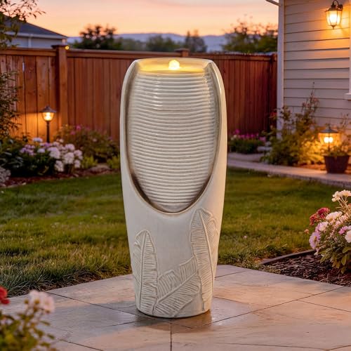 Autodaya 32"H Jar Ceramic Outdoor Water Fountain (32"h-leaf Pattern Beige Glaze)