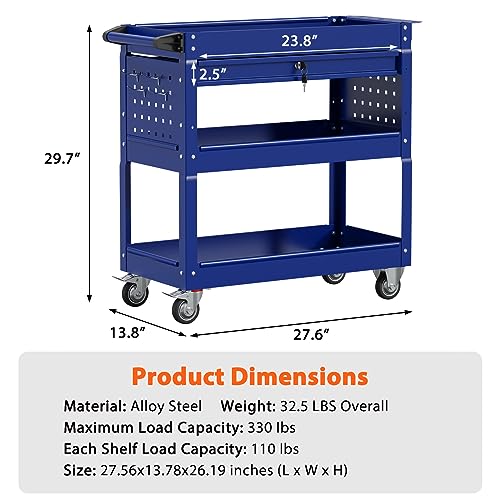 3 Tier Heavy Duty Rolling Tool Cart with Drawers (Deep Blue)