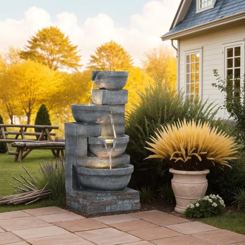 30" Tall Outdoor Waterfall Fountain with LED Lights