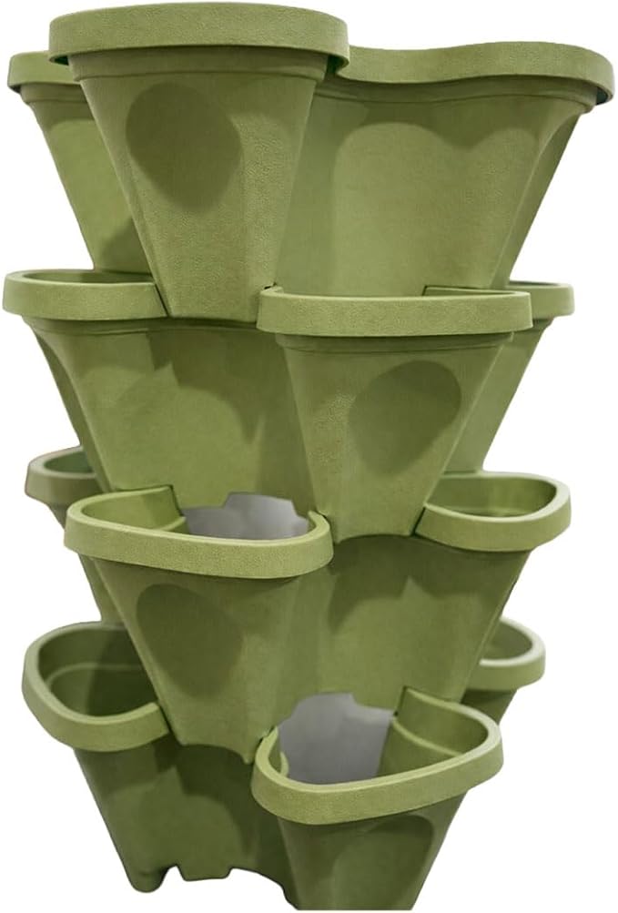 Vertical Garden Planter 4 Tier Stackable System 16 Plants, Space Saving Herb, Strawberry & Food Crop Planter with Center Support Hole for Indoor Outdoor Gardening (4, Sagebrush Green, Large)
