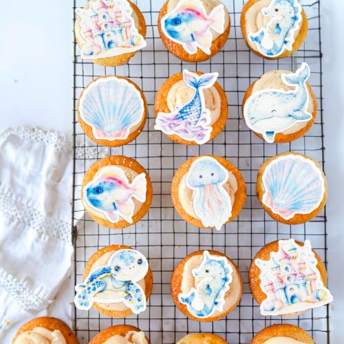 60Pcs Edible Under The Sea Cupcake Topper Edible Starfish Octopus Crab Jellyfish Dolphin Starfish Seahorse Cupcake Picks for Under the Sea Baby Shower Boys Girls Birthday Party Decorations (Red Blue Purple)