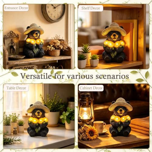Solar Garden Decor Black Bear Figurines with Sunflowers