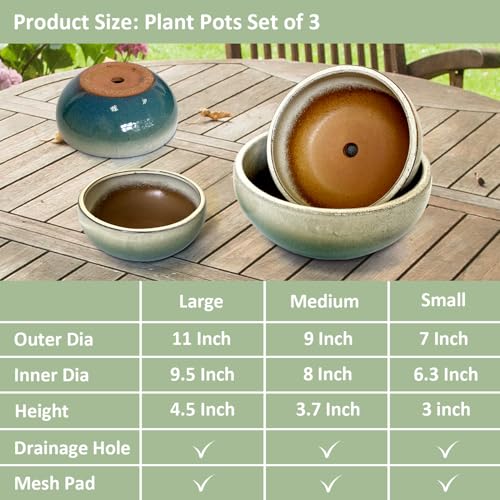 11 9 7 Inch Succulent Pot with Drainage and Mesh Pads Large Round Ceramic Plant Pot for Indoor Outdoor Plants Succulent Planter Cactus Bonsai Pot Container Set of 3 (3 Count)