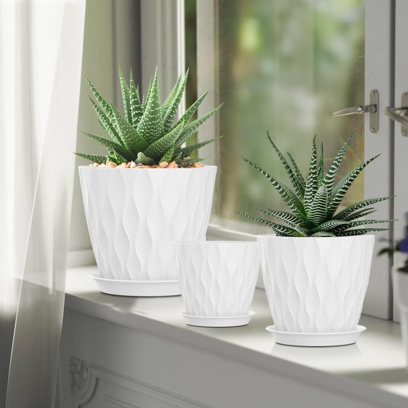 4/4.5/5/5.5/6/6.5/7 Inch Plant Pots,7 Pack Flower Pots with Drainage Holes and Trays,Plastic Planters for Indoor Outdoor Plants Growth,White (7 Count)