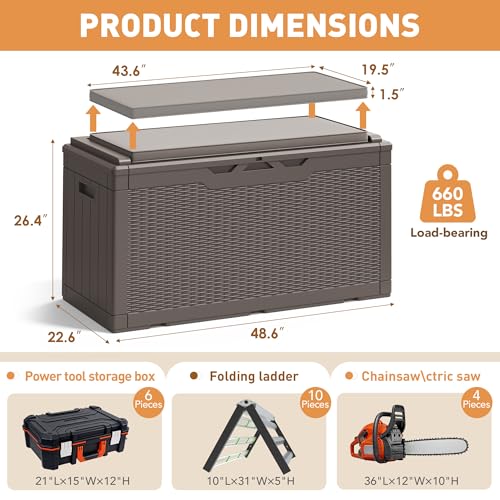 100 Gallon Resin Deck Box Large Outdoor Storage Boxes with Cushions for Garden Tools