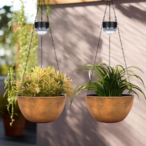 2 Packs Solar Hanging Basket Planters for Plants Outdoor (Bronze)