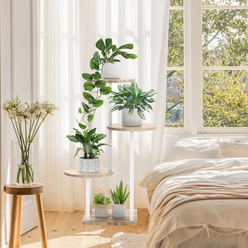 4 Tier White Metal Wooden Tall Plant Stand Indoor Shelf Flower Pot Holder for Multiple Plants