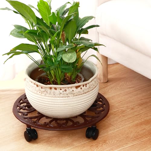 3 Packs 14 Inch Rolling Plant Stand with Wheels Metal Plant Caddy with Wheels Heavy Duty Round Plant Stand Indoor Iron Plants Rollers for Plants (14 inch: 3 pcs / Brown)