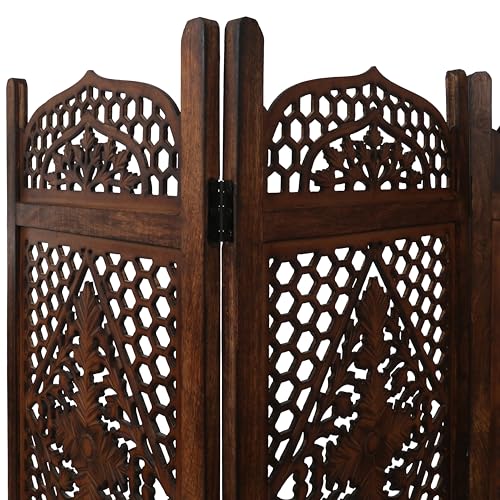 Room Divider Wooden Foldable Hand Carved Screens Panel_80" Wx72 H_4Panel (Burnt / 80"W x 72"H - Minar)