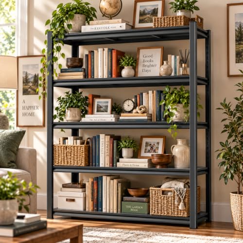 Heavy Duty Metal Bookshelf Adjustable 5 Tier Book Shelf with Bolt (5Tier 72"H×39.4"W×15.7"D)