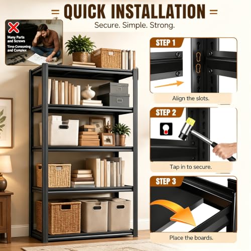 Heavy Duty Metal Bookshelf Adjustable 5 Tier Book Shelf with Bolt (5Tier 72"H×39.4"W×13.8"D)