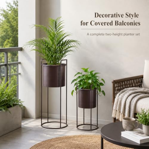 Set of 2 Tall Metal Planters with Stands Metal Planter for Indoor Plants 28 &18" H Plant Pots for Living Room Corner Kitchen Office Garden Balcony Patio Decor (2 Count)